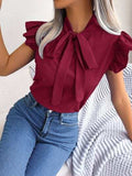 Tie Neck Cap Sleeve Blouse - Trendsi - Flyclothing LLC