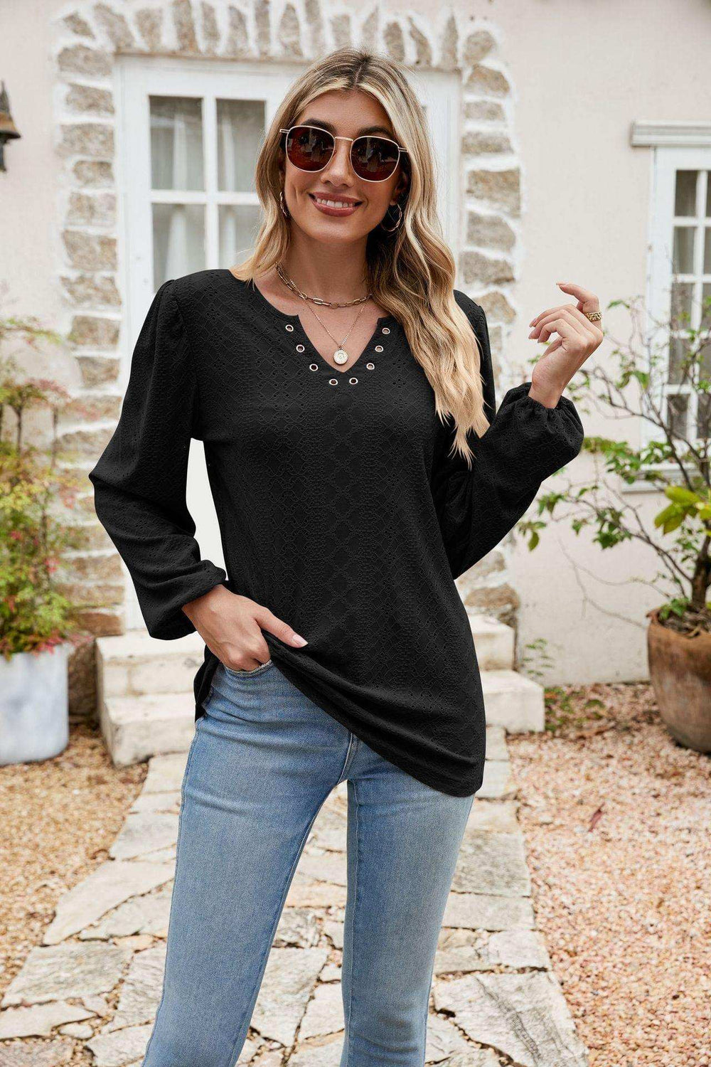 Eyelet Notched Neck Balloon Sleeve Blouse - Trendsi - Flyclothing LLC
