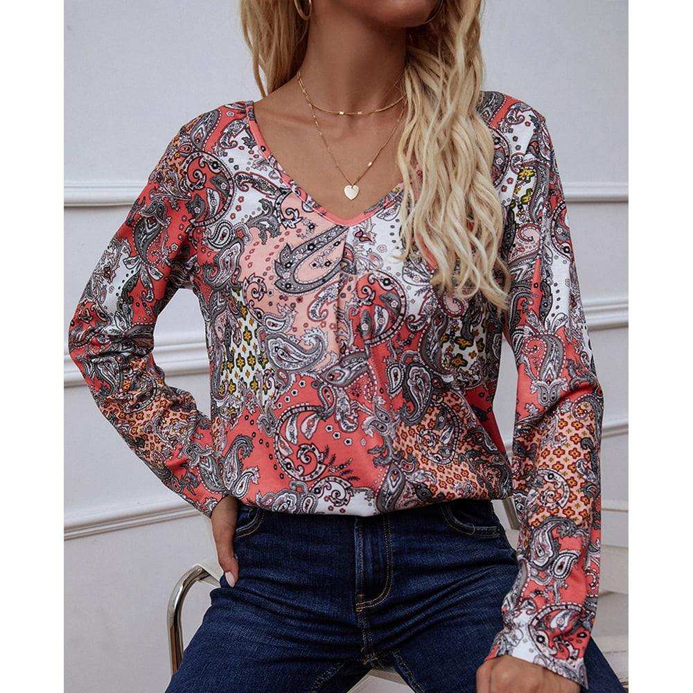 Printed V-Neck Long Sleeve Blouse - Trendsi - Flyclothing LLC