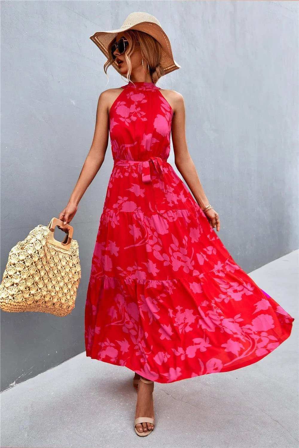 Printed Sleeveless Tie Waist Maxi Dress - Trendsi - Flyclothing LLC