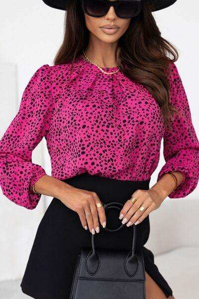 Leopard Round Neck Balloon Sleeve Blouse - Trendsi - Flyclothing LLC