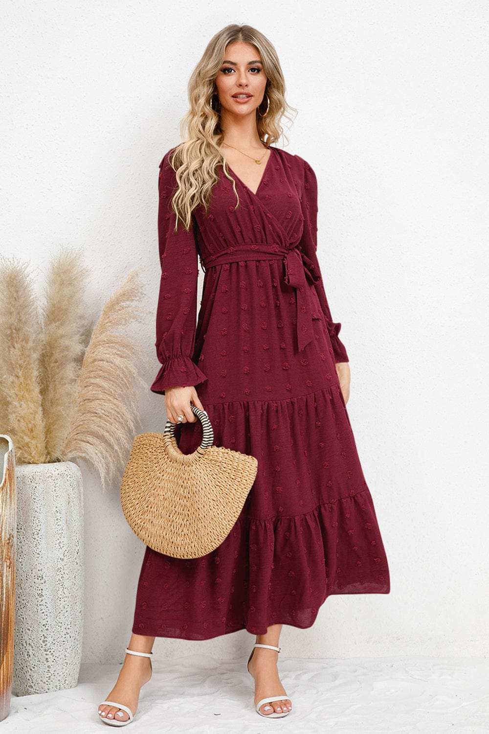 Swiss Dot Tied Surplice Flounce Sleeve Dress - Trendsi - Flyclothing LLC