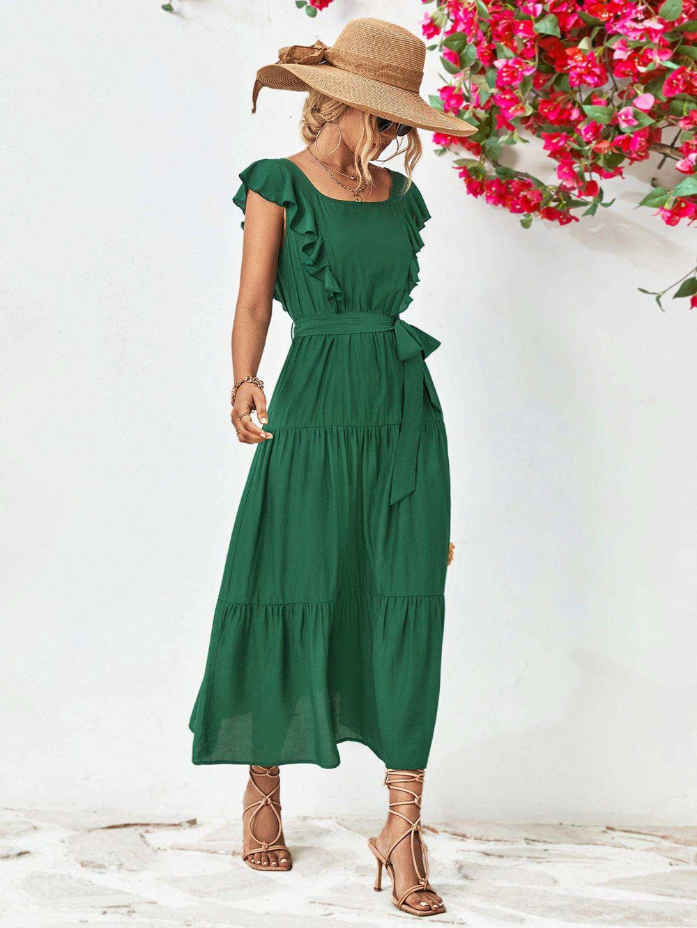 Tie Belt Ruffled Tiered Dress - Trendsi - Flyclothing LLC