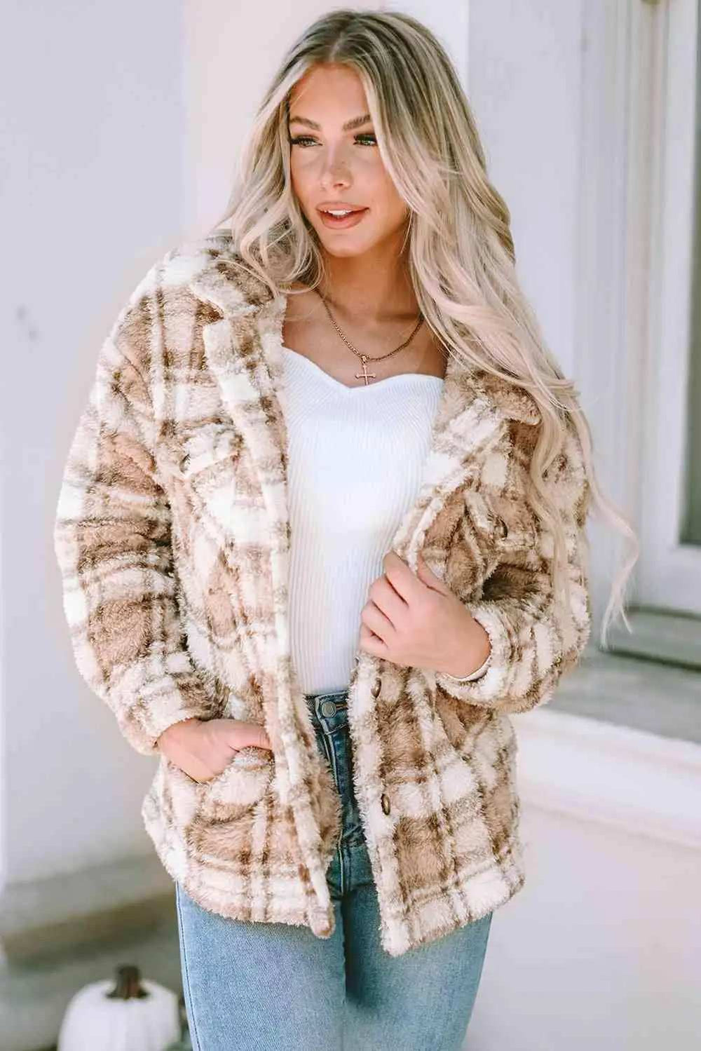 Plaid Collared Neck Jacket - Trendsi - Flyclothing LLC