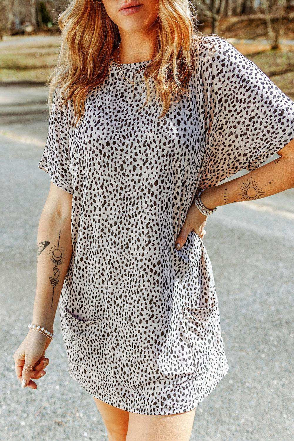 Animal Print Round Neck Tunic Tee with Pockets - Trendsi - Flyclothing LLC