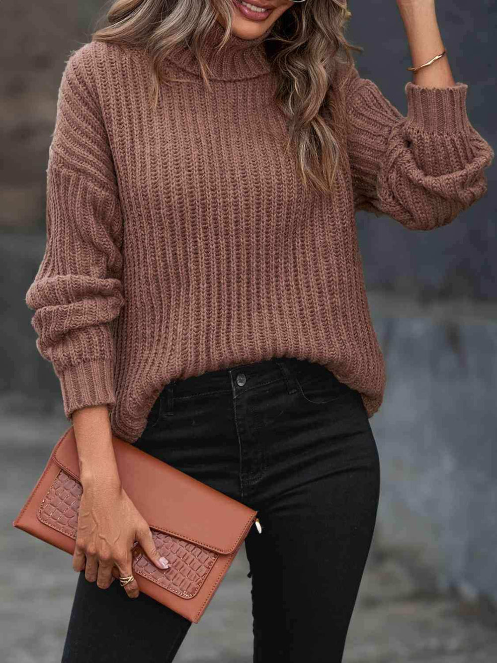 Turtleneck Rib-Knit Sweater - Trendsi - Flyclothing LLC