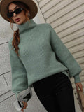 High Neck Balloon Sleeve Rib-Knit Pullover Sweater - Trendsi - Flyclothing LLC