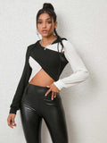 Two-Tone Crisscross Long Sleeve Hoodie - Trendsi - Flyclothing LLC