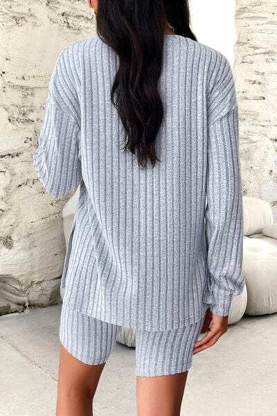 Ribbed Round Neck Dropped Shoulder Top and Shorts Set - Trendsi - Flyclothing LLC