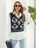 Skull Contrast V-Neck Sweater Vest - Trendsi - Flyclothing LLC
