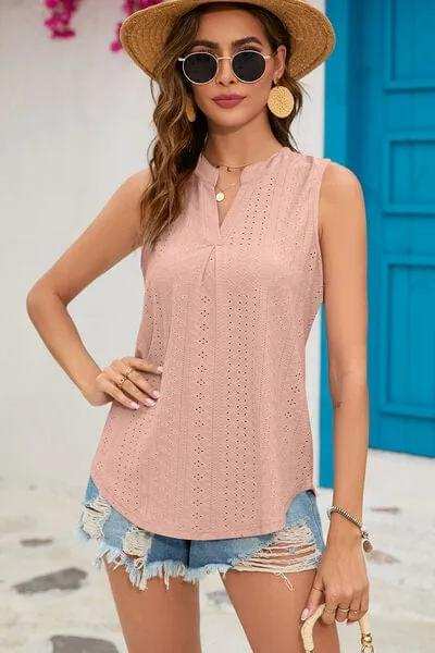 Eyelet Notched Sleeveless Top - Trendsi - Flyclothing LLC