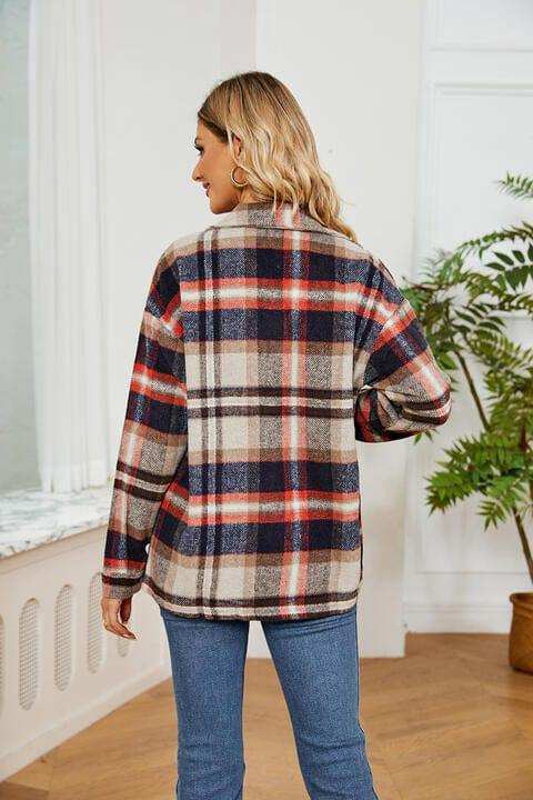 Collared Plaid Shacket - Trendsi - Flyclothing LLC