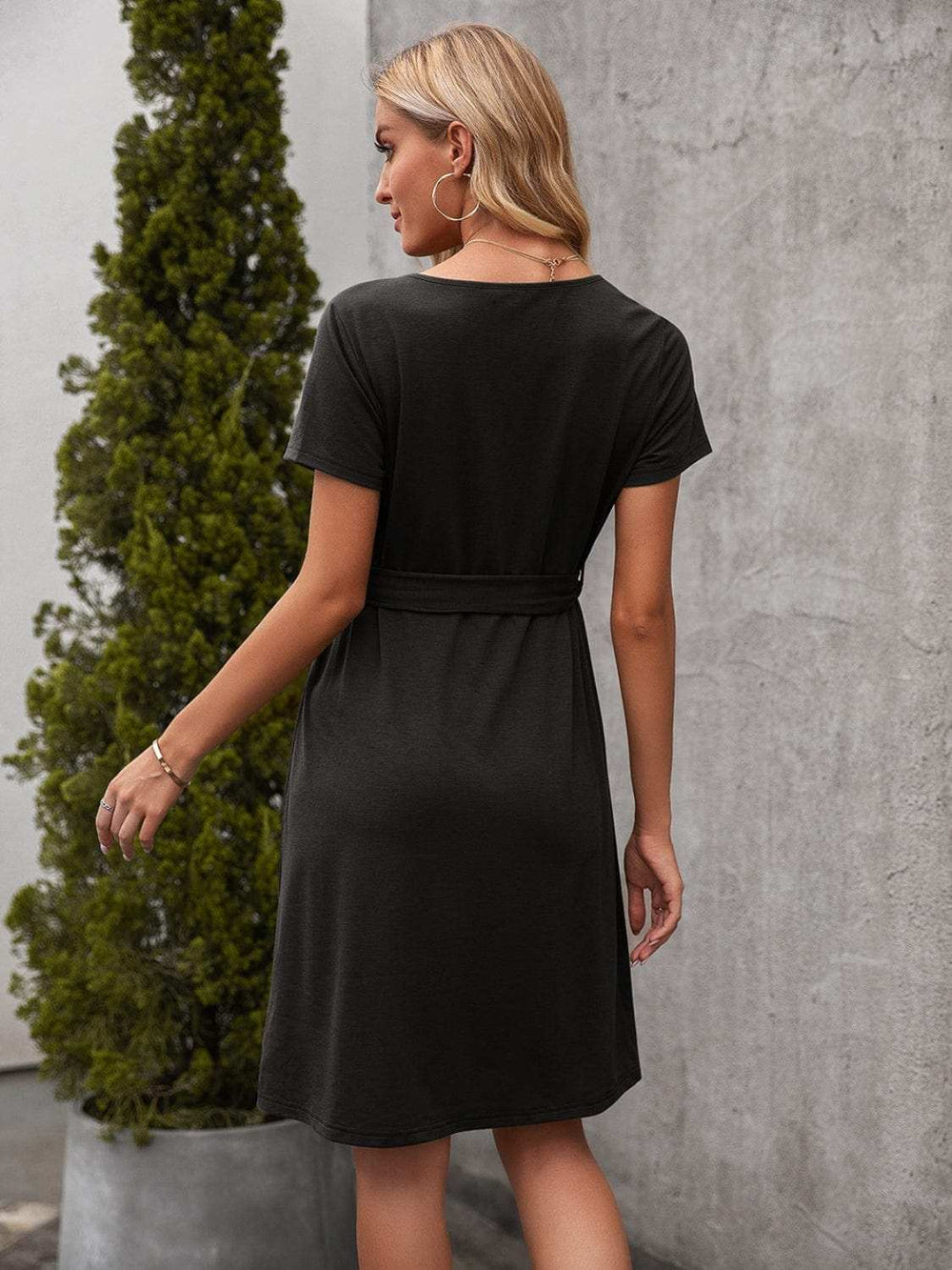 Tied Notched Short Sleeve Dress - Trendsi - Flyclothing LLC