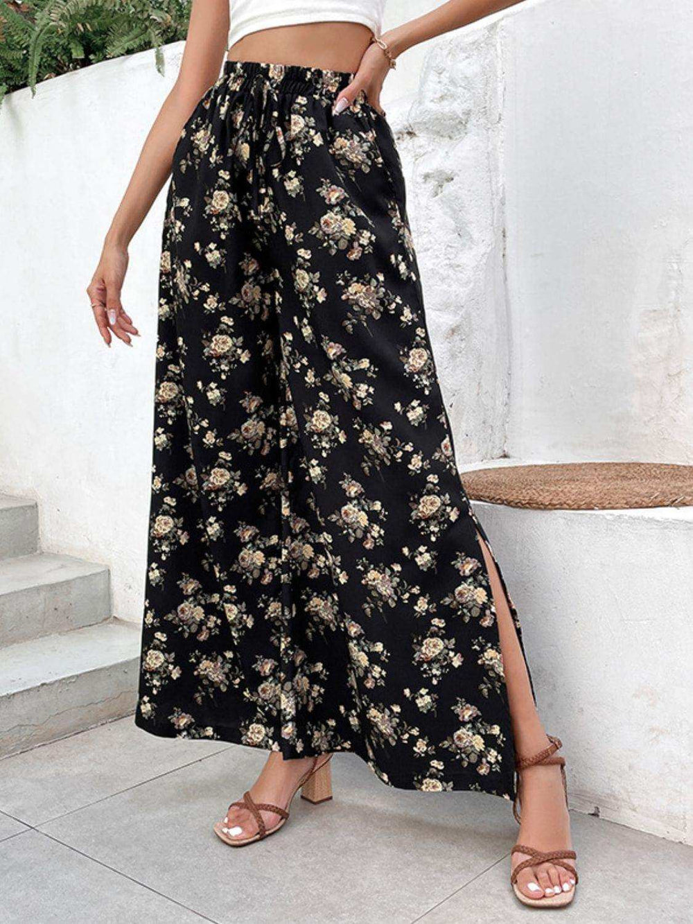 Floral Side Slit Wide Leg Pants - Trendsi - Flyclothing LLC