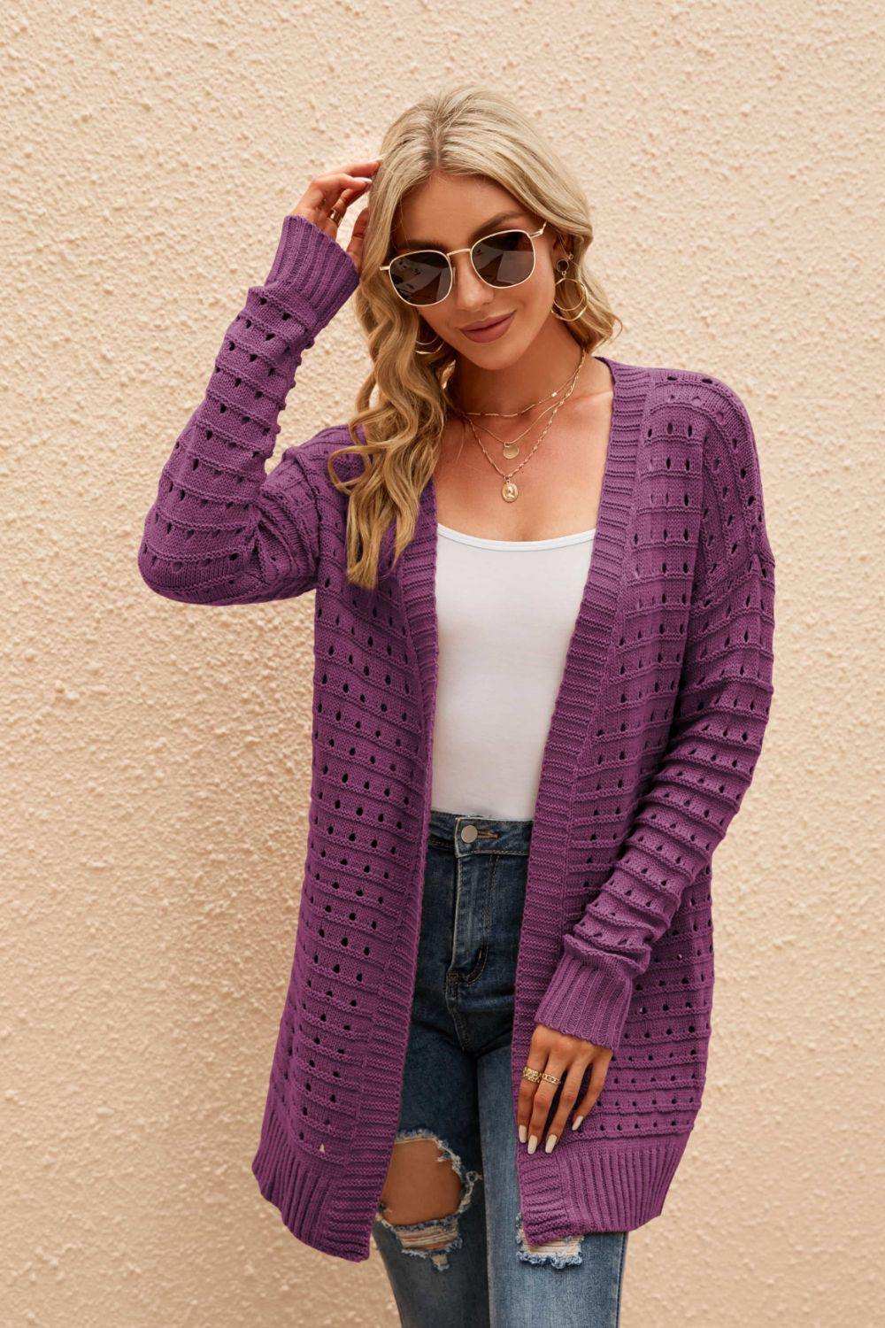 Openwork Horizontal Ribbing Open Front Cardigan - Trendsi - Flyclothing LLC