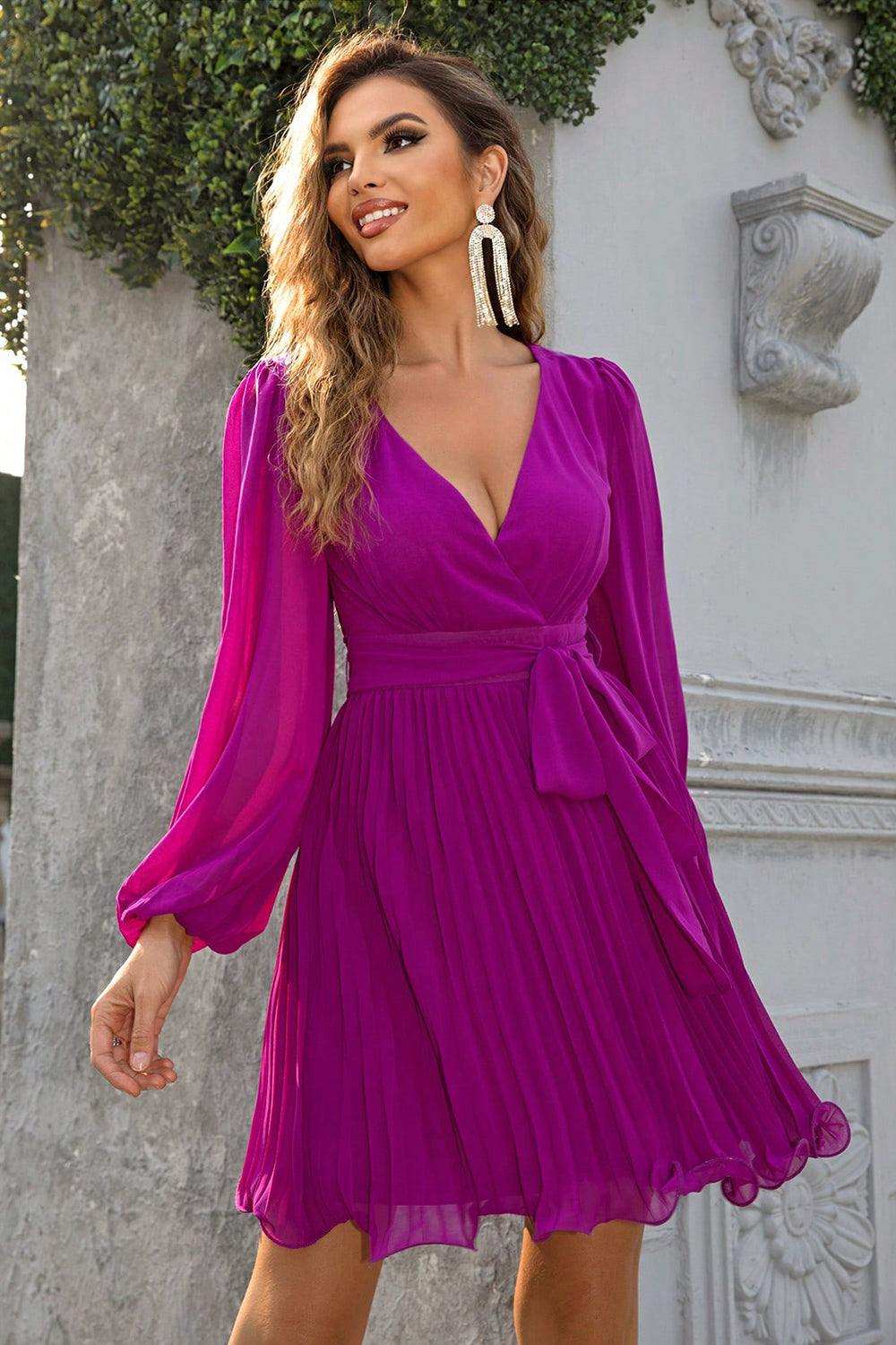 Tied Surplice Neck Pleated Dress - Trendsi - Flyclothing LLC