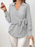 Bow Tie Waist Johnny Collar Neck Striped Blouse - Trendsi - Flyclothing LLC