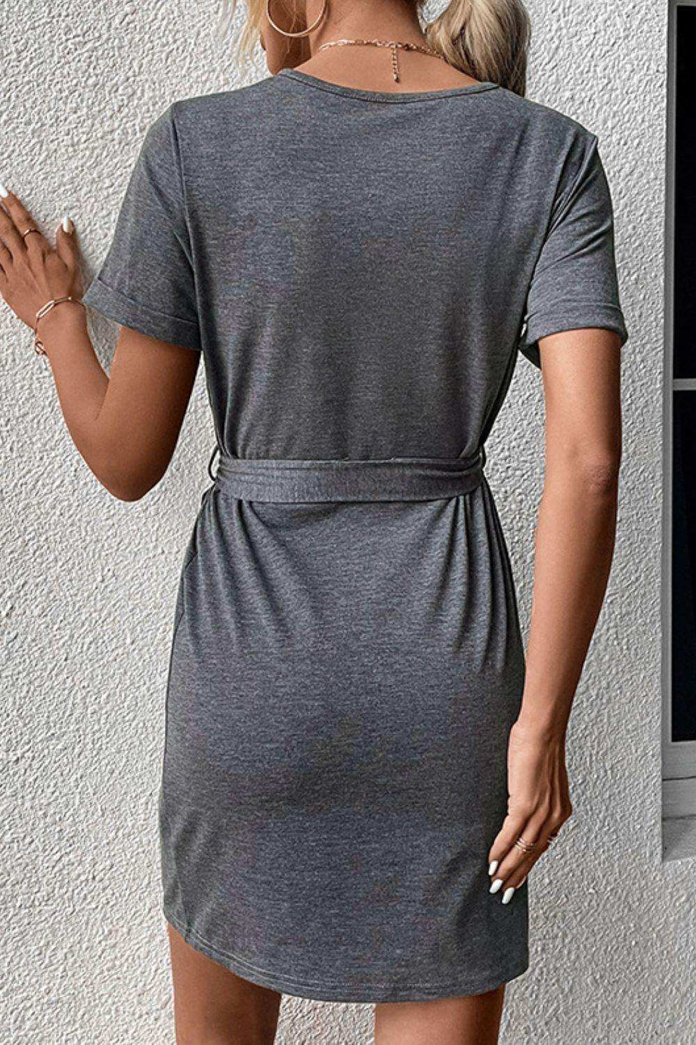 Decorative Button Tie-Waist Cuffed Sleeve Tee Dress - Trendsi - Flyclothing LLC