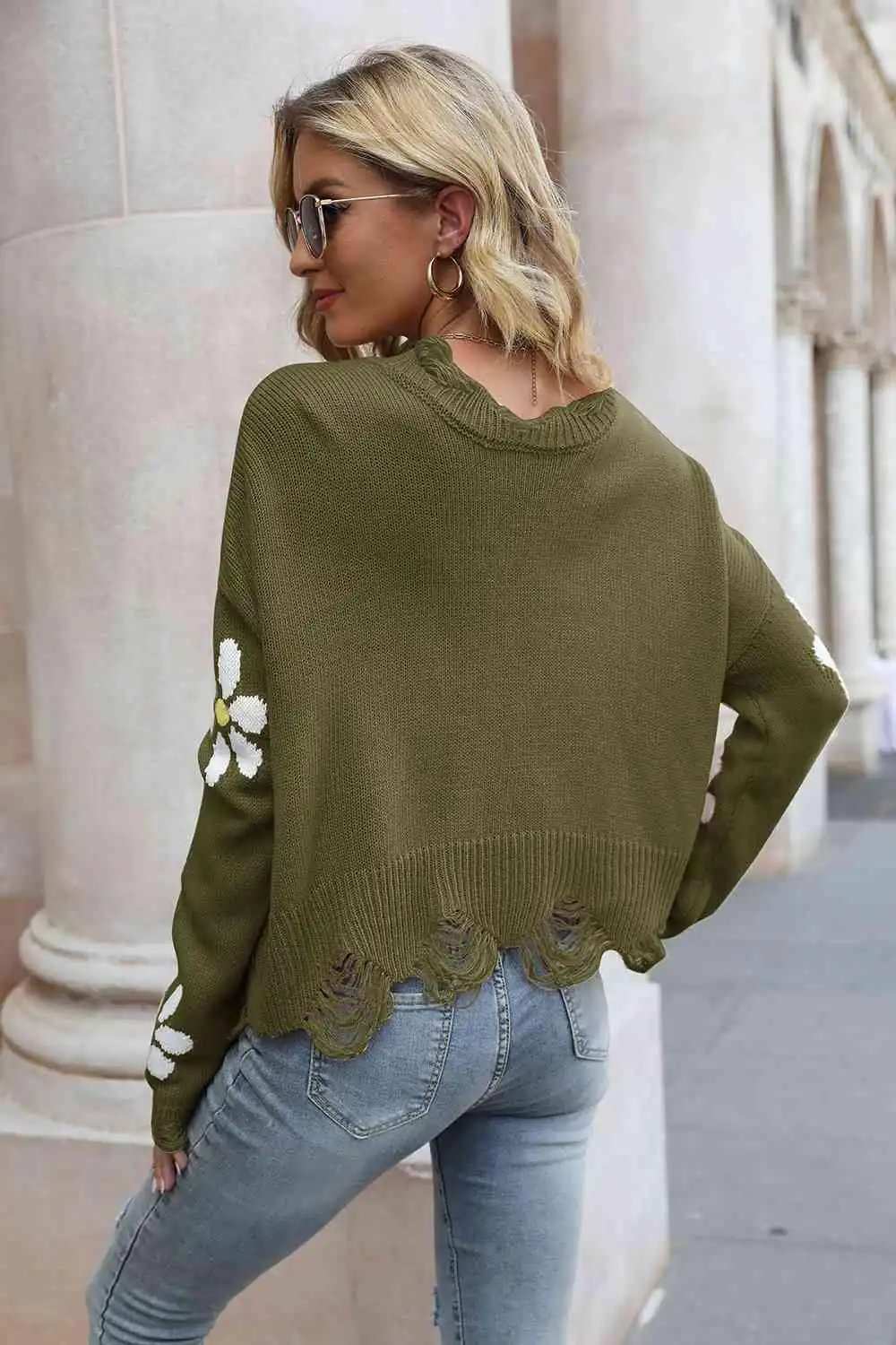 Flower Distressed Long Sleeve Sweater - Trendsi - Flyclothing LLC