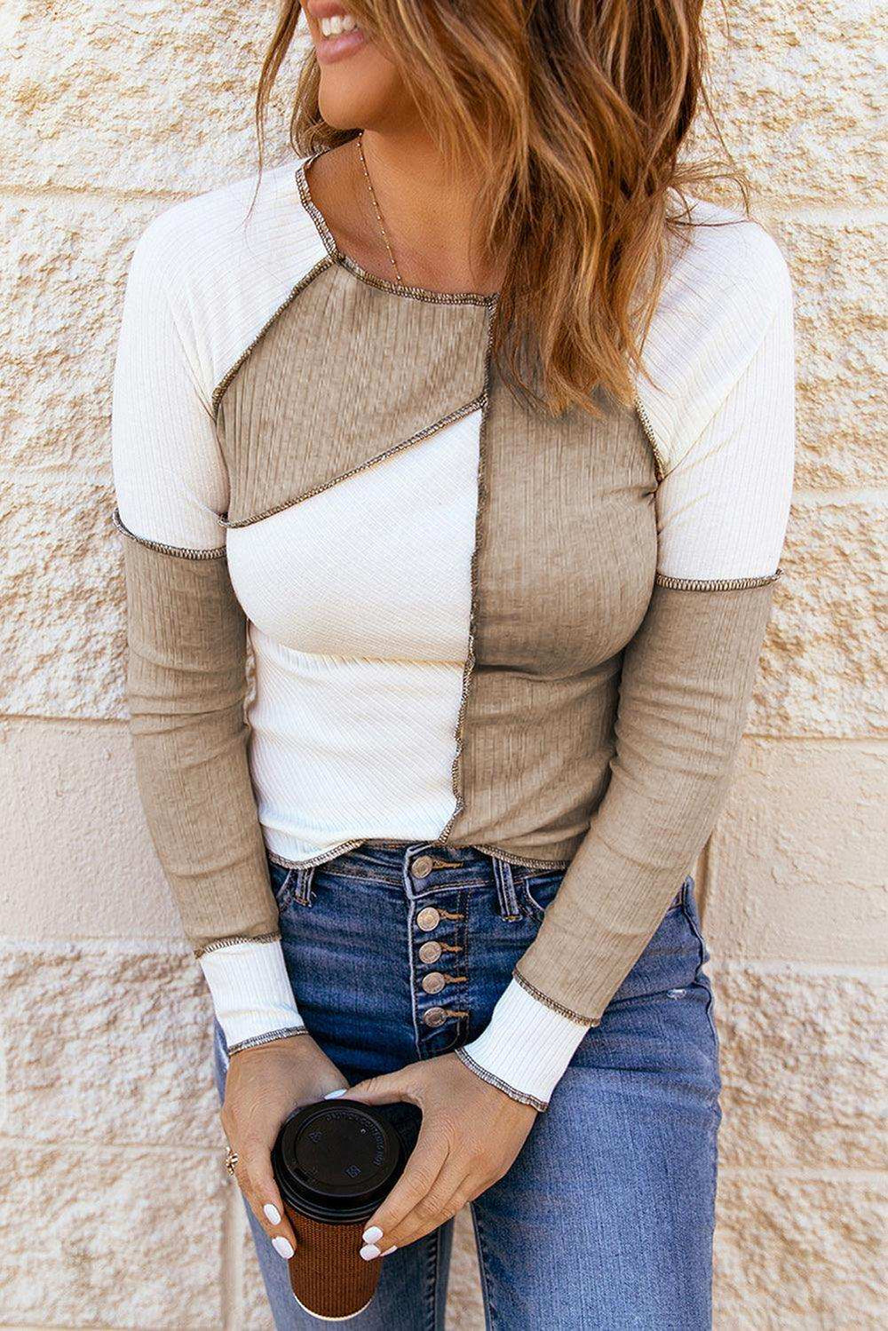 Color Block Exposed Seam Knit Top - Trendsi - Flyclothing LLC