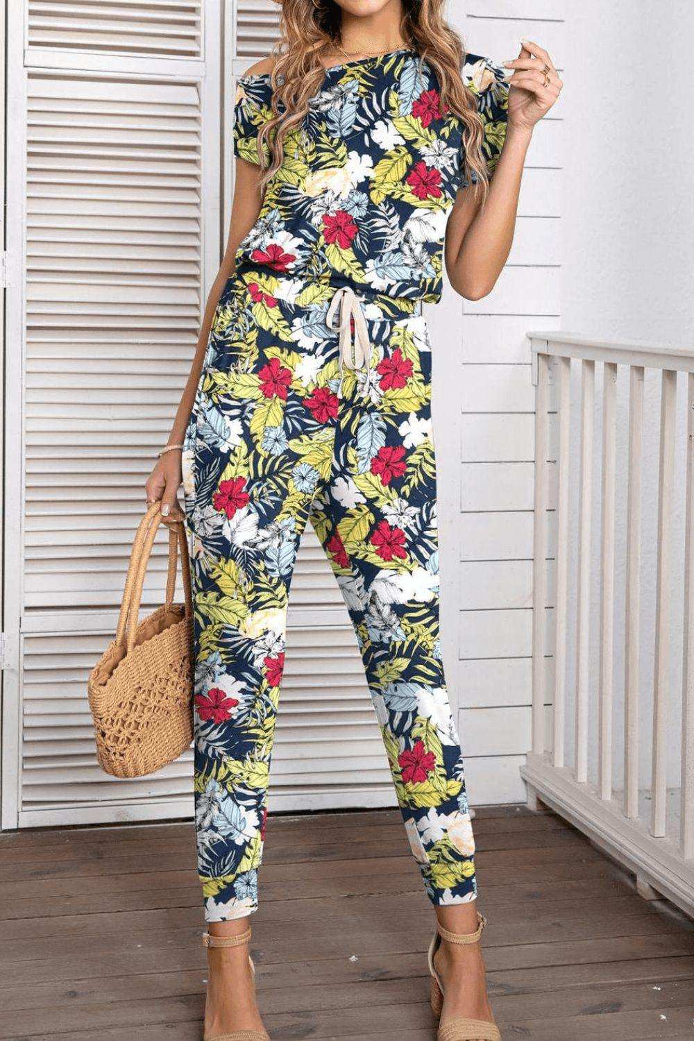 Asymmetrical Neck Short Sleeve Jumpsuit - Trendsi - Flyclothing LLC