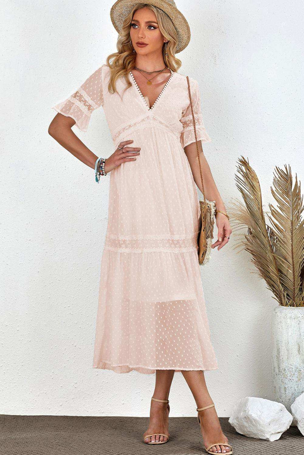 Swiss Dot V-Neck Short Sleeve Midi Dress - Trendsi - Flyclothing LLC
