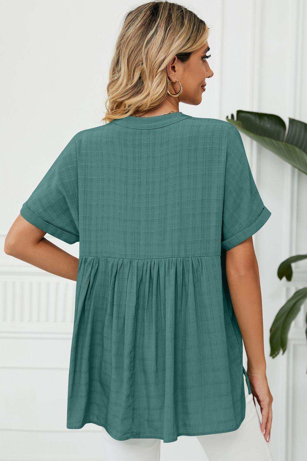 Side Slit Notched Neck Cuffed Short Sleeve Blouse - Trendsi - Flyclothing LLC