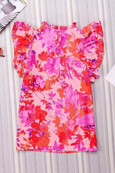 Frill Floral Mock Neck Cap Sleeve Blouse - Trendsi - Flyclothing LLC