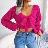 Tie-Front Rib-Knit Cropped Sweater - Trendsi - Flyclothing LLC