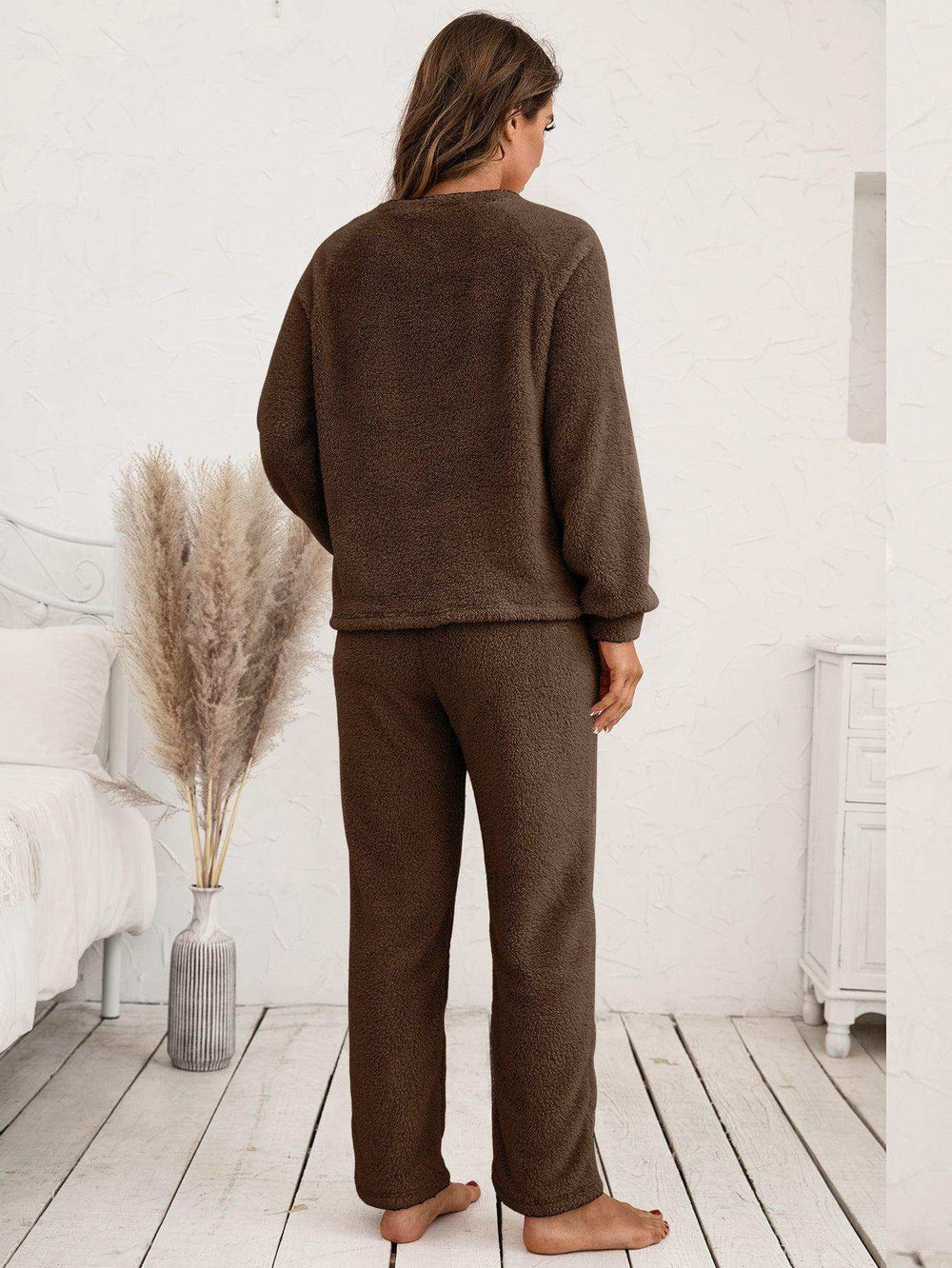 Teddy Long Sleeve Top and Pants Lounge Set - Trendsi - Flyclothing LLC