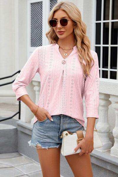 Eyelet Notched Knit Jacquard Top - Trendsi - Flyclothing LLC