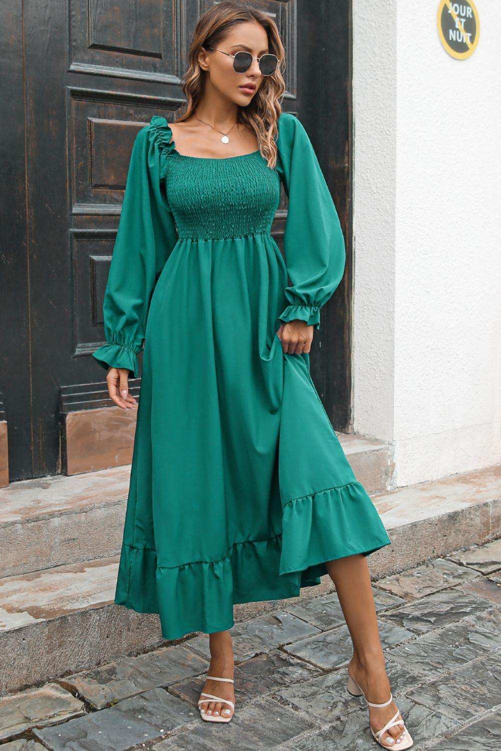 Smocked Ruffle Hem Flounce Sleeve Dress - Trendsi - Flyclothing LLC