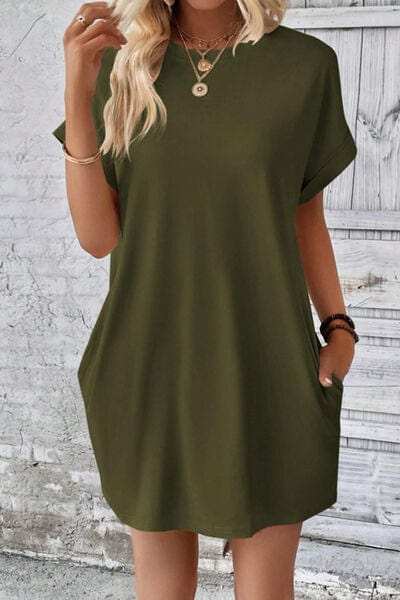 Pocketed Round Neck Short Sleeve Dress - Trendsi - Flyclothing LLC