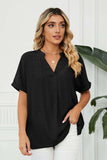 Side Slit Notched Neck Cuffed Short Sleeve Blouse - Trendsi - Flyclothing LLC