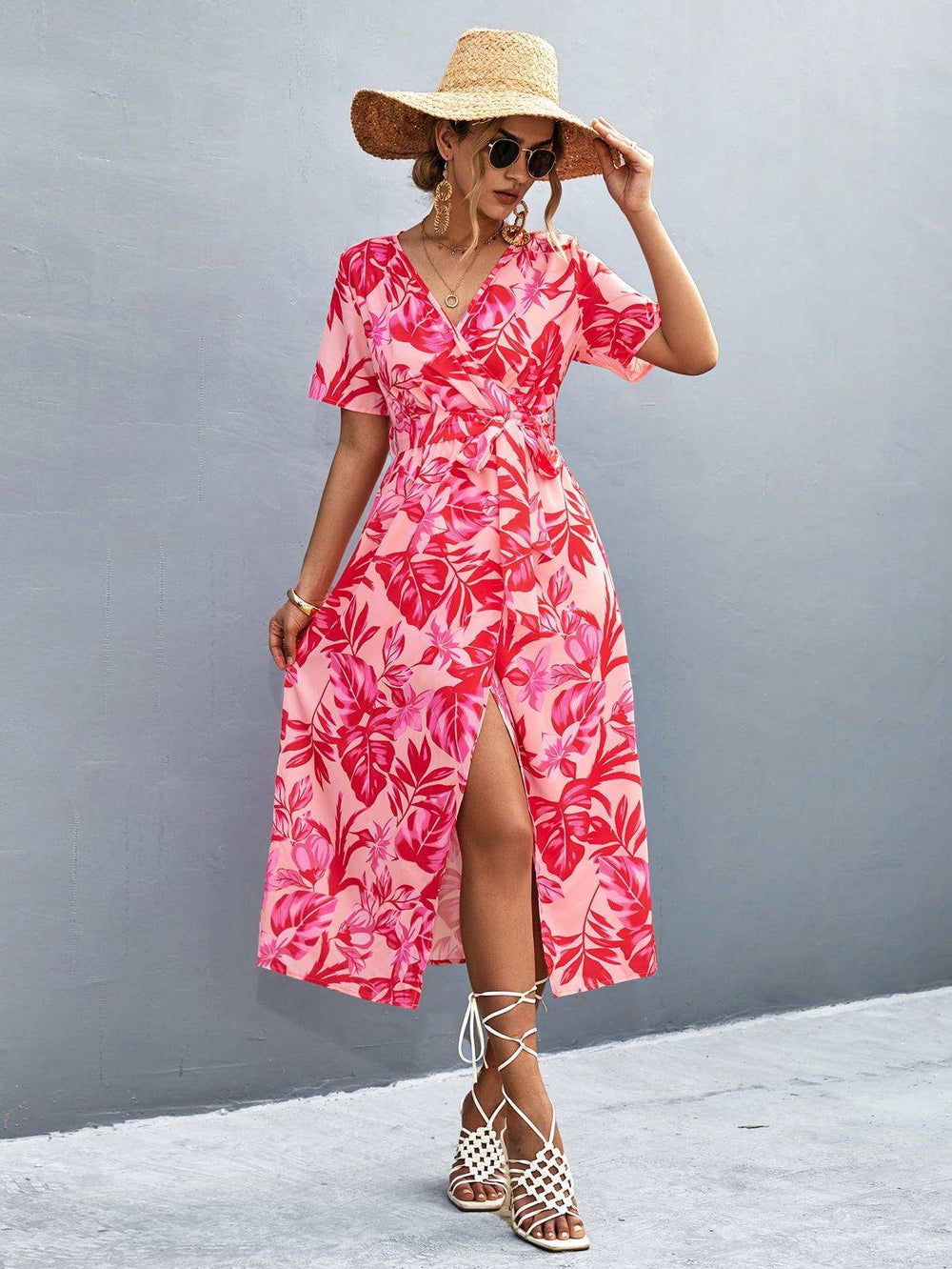 Floral Print High Slit Surplice Neck Tie Waist Midi Dress - Trendsi - Flyclothing LLC