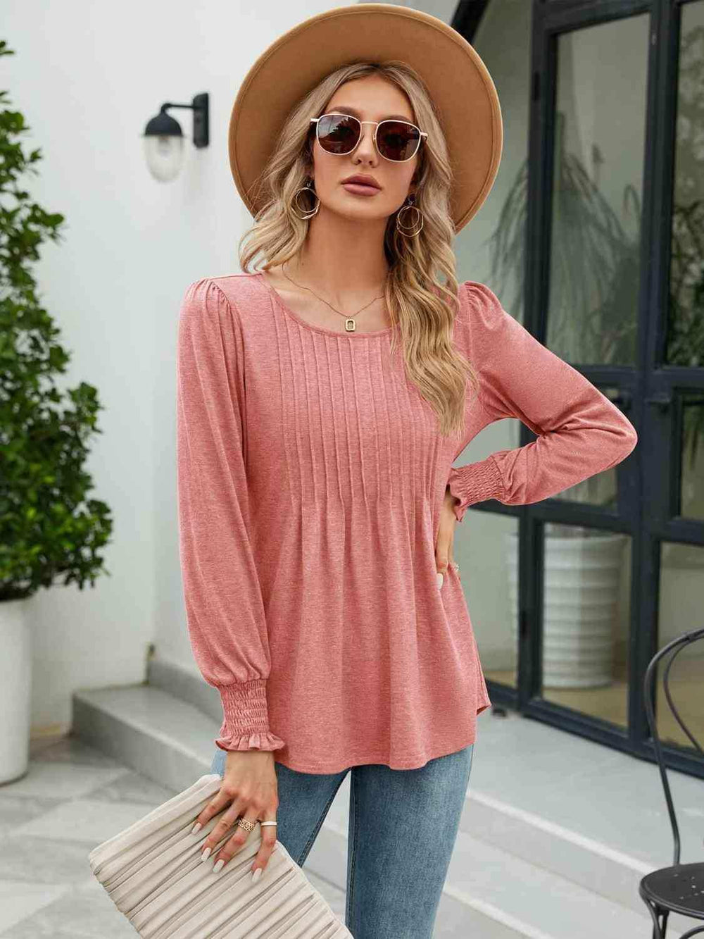 Smocked Round Neck Lantern Sleeve Blouse - Trendsi - Flyclothing LLC
