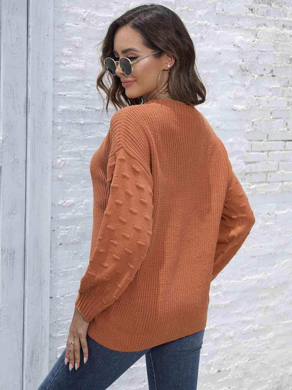 Round Neck Dropped Shoulder Sweater - Trendsi - Flyclothing LLC