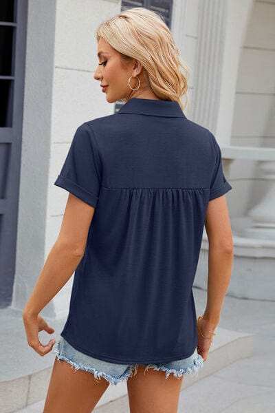 Ruched Johnny Collar Short Sleeve Blouse - Trendsi - Flyclothing LLC