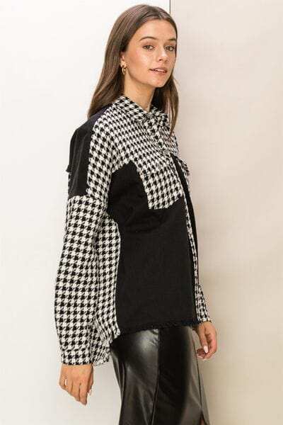 HYFVE Houndstooth Contrast Raw Hem Jacket - Trendsi - Flyclothing LLC