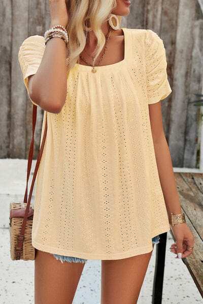 Eyelet Square Neck Puff Sleeve T-Shirt - Trendsi - Flyclothing LLC
