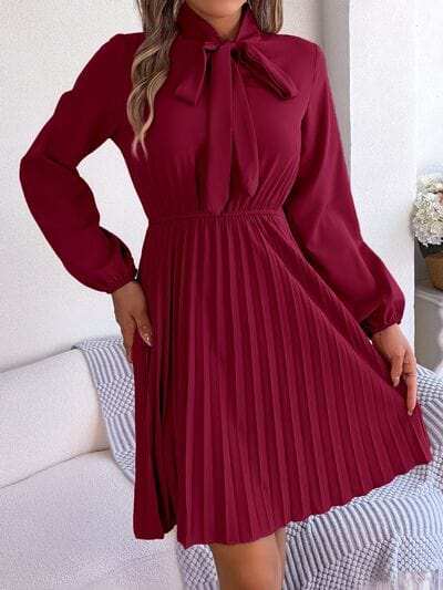 Tie Neck Balloon Sleeve Pleated Dress - Trendsi - Flyclothing LLC