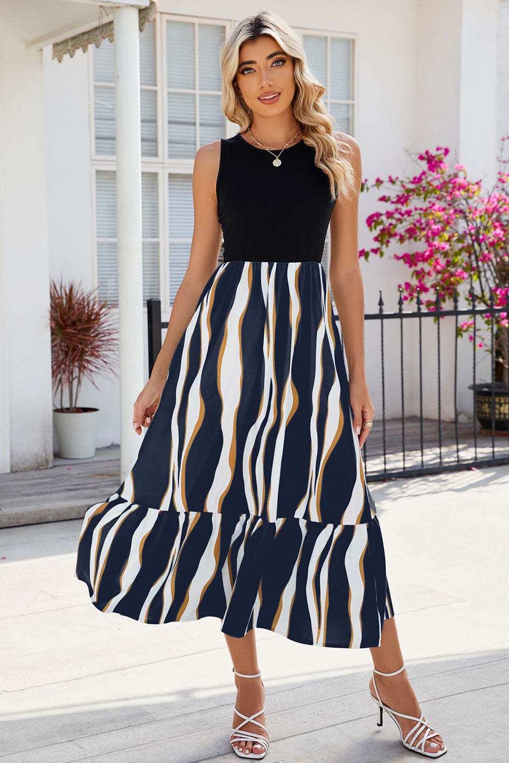 Striped Round Neck Sleeveless Midi Dress - Trendsi - Flyclothing LLC
