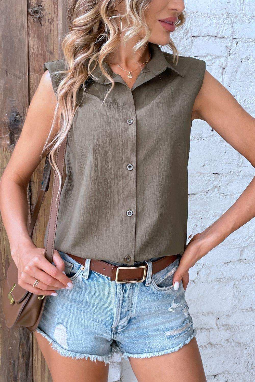 Collared Neck Sleeveless Shirt - Trendsi - Flyclothing LLC