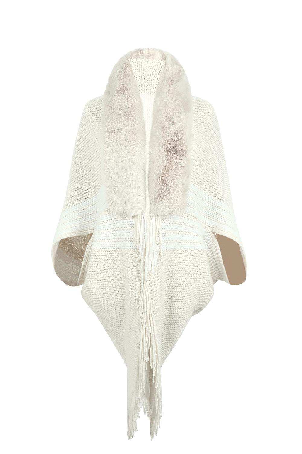 Striped Fringe Detail Long Sleeve Poncho - Trendsi - Flyclothing LLC