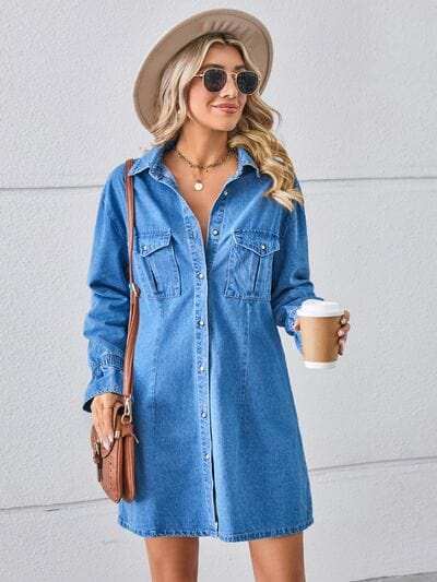 Pocketed Dropped Shoulder Mini Denim Dress - Trendsi - Flyclothing LLC