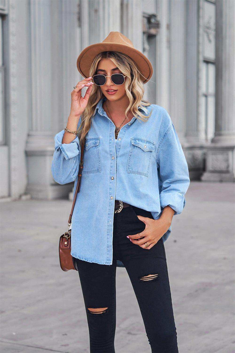Collared Neck Dropped Shoulder Denim Top - Trendsi - Flyclothing LLC