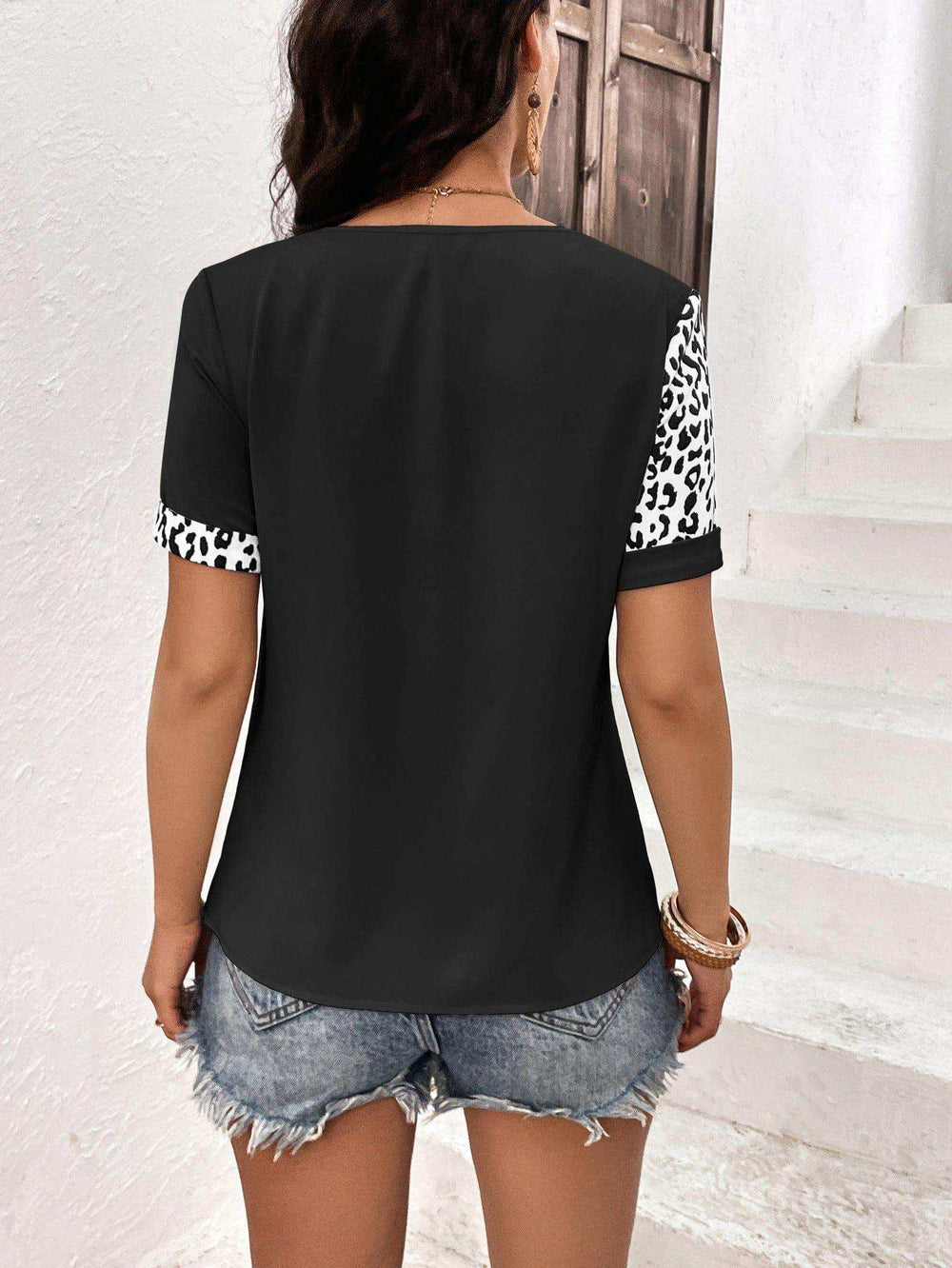 Leopard Round Neck Short Sleeve Tee - Trendsi - Flyclothing LLC