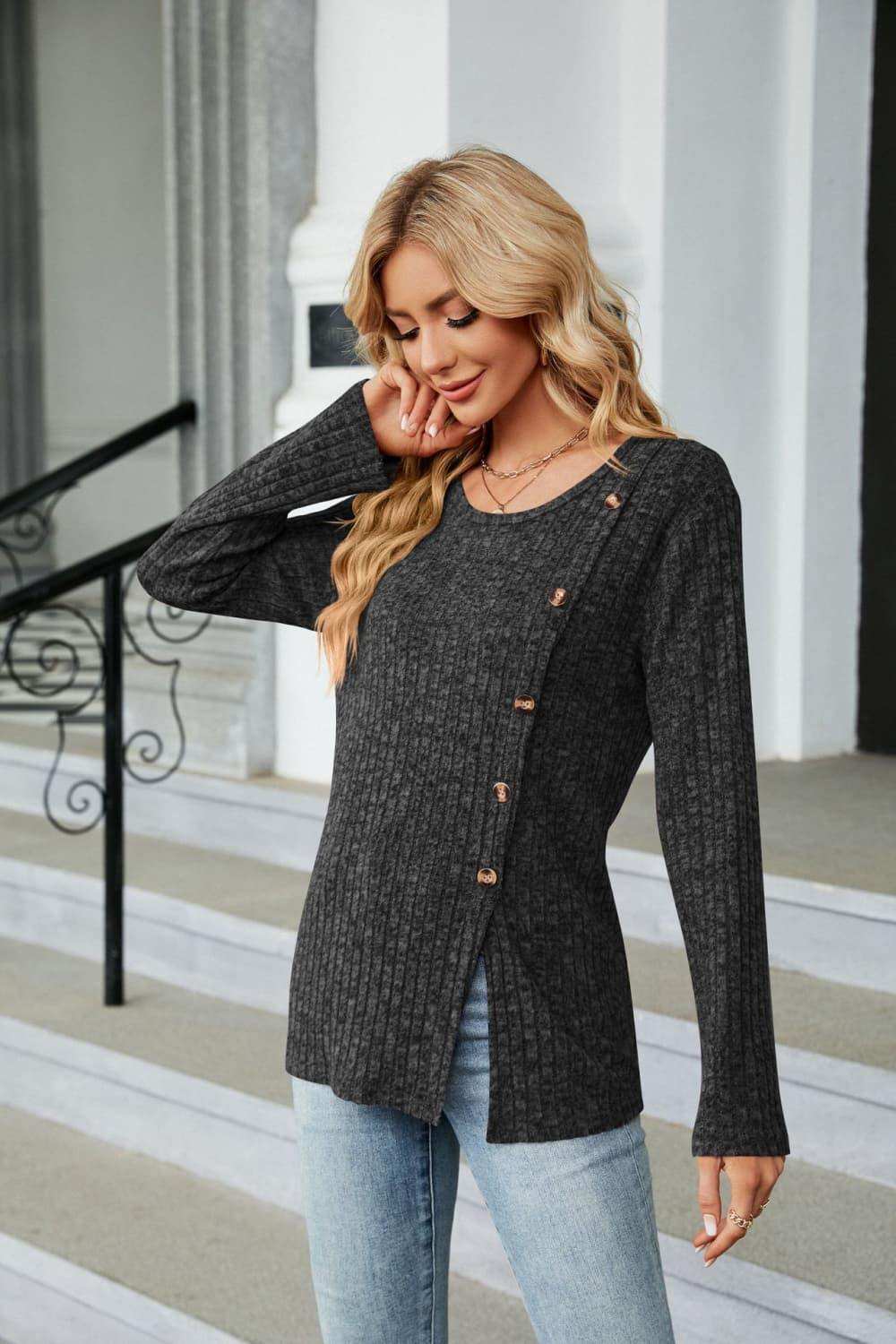 Buttoned Long Sleeve Slit Top - Trendsi - Flyclothing LLC