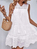 Eyelet Tie Neck Sleeveless Mini Dress - Trendsi - Flyclothing LLC