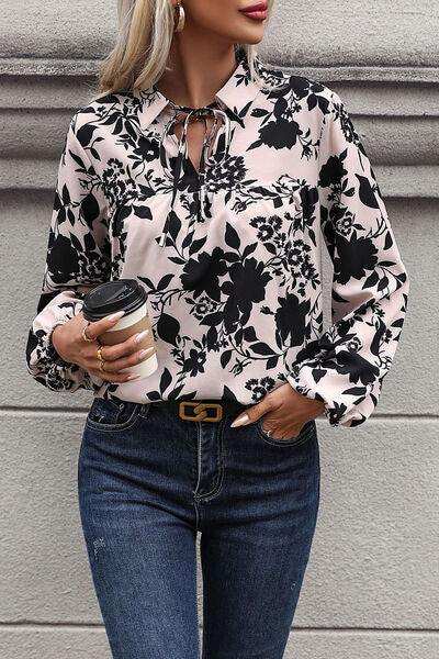 Printed Tie Neck Balloon Sleeve Blouse - Trendsi - Flyclothing LLC